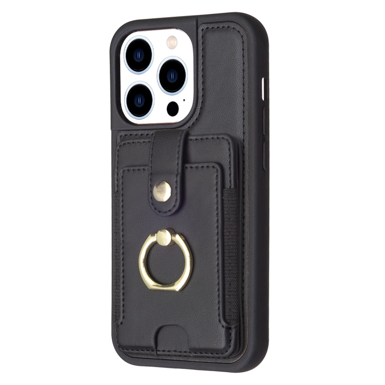 For iPhone 15 Pro BF27 Metal Ring Card Bag Holder Phone Case(Black) For iPhone 15 Pro BF27 Metal Ring Card Bag Holder Phone Case(Black)