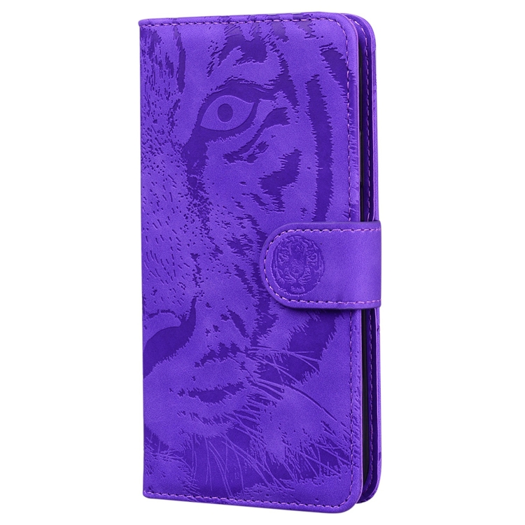 For iPhone 14 Tiger Embossing Pattern Leather Phone Case(Purple) - 1