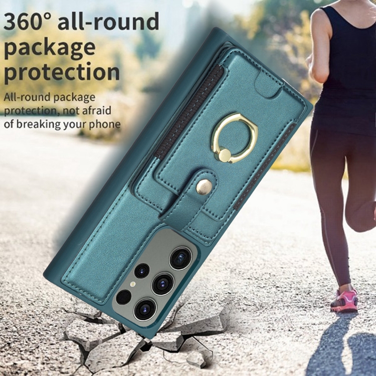 For Samsung Galaxy S23 Ultra 5G BF27 Metal Ring Card Bag Holder Phone Case(Green) For Samsung Galaxy S23 Ultra 5G BF27 Metal Ring Card Bag Holder Phone Case(Green)