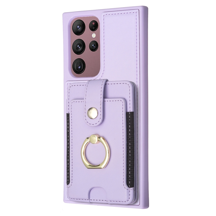 For Samsung Galaxy S22 Ultra 5G BF27 Metal Ring Card Bag Holder Phone Case(Purple) For Samsung Galaxy S22 Ultra 5G BF27 Metal Ring Card Bag Holder Phone Case(Purple)