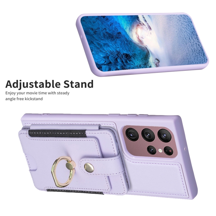 For Samsung Galaxy S22 Ultra 5G BF27 Metal Ring Card Bag Holder Phone Case(Purple) For Samsung Galaxy S22 Ultra 5G BF27 Metal Ring Card Bag Holder Phone Case(Purple)