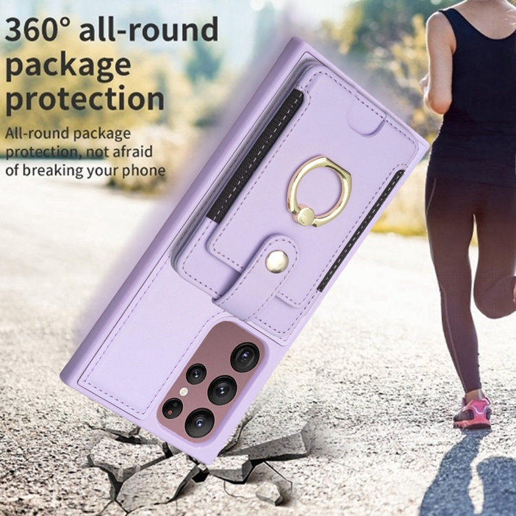 For Samsung Galaxy S22 Ultra 5G BF27 Metal Ring Card Bag Holder Phone Case(Purple) For Samsung Galaxy S22 Ultra 5G BF27 Metal Ring Card Bag Holder Phone Case(Purple)