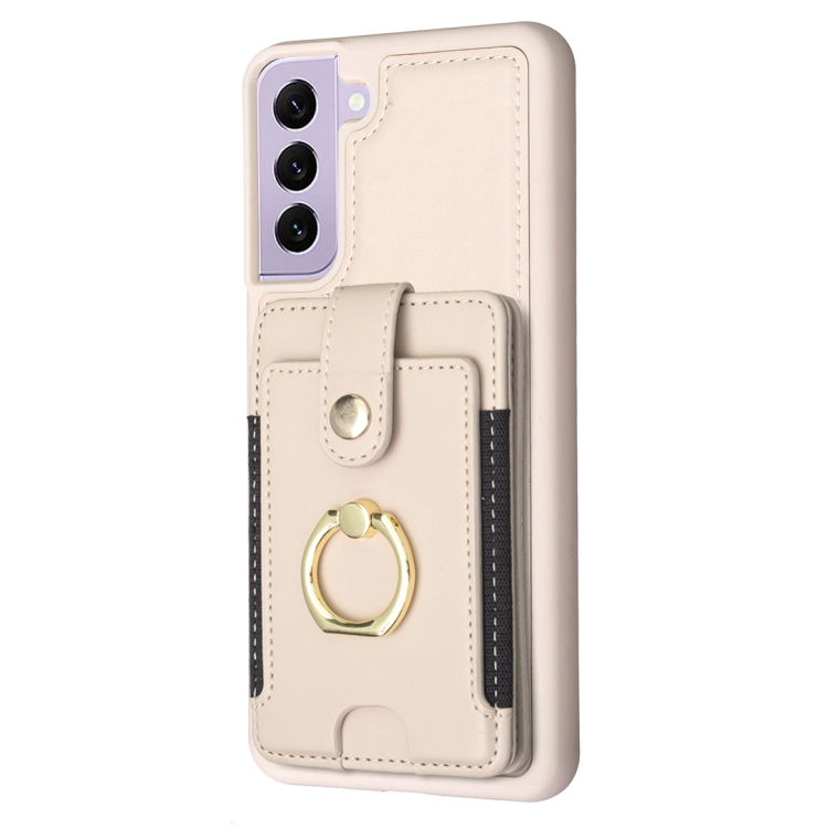 For Samsung Galaxy S22 5G BF27 Metal Ring Card Bag Holder Phone Case(Beige) For Samsung Galaxy S22 5G BF27 Metal Ring Card Bag Holder Phone Case(Beige)