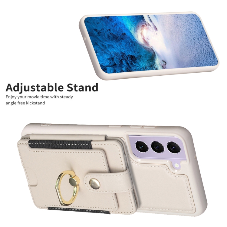 For Samsung Galaxy S22 5G BF27 Metal Ring Card Bag Holder Phone Case(Beige) For Samsung Galaxy S22 5G BF27 Metal Ring Card Bag Holder Phone Case(Beige)