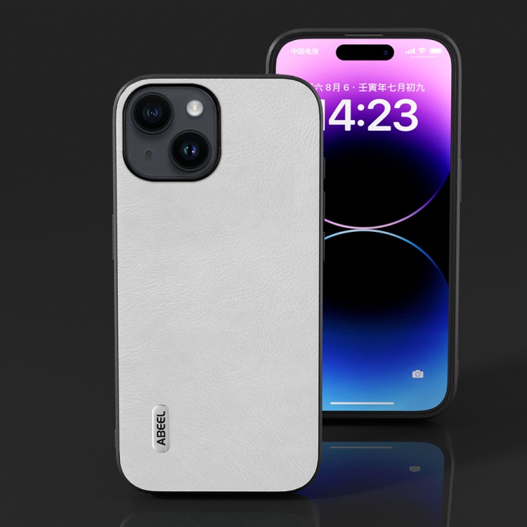 For iPhone 14 Plus ABEEL Dual Color Lichi Texture PU Phone Case(White) For iPhone 14 Plus ABEEL Dual Color Lichi Texture PU Phone Case(White)