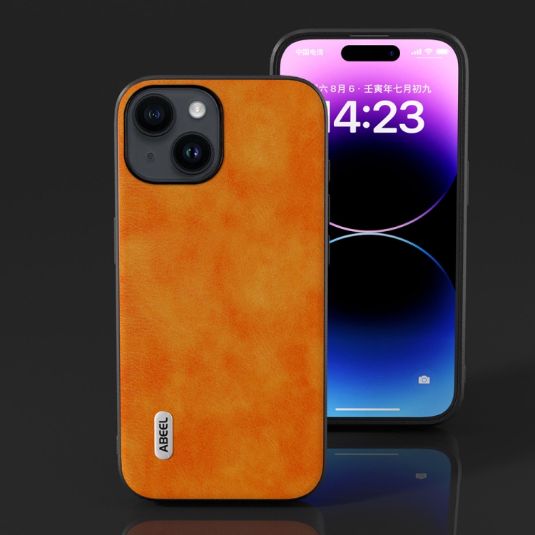 For iPhone 15 Plus ABEEL Dual Color Lichi Texture PU Phone Case(Orange) For iPhone 15 Plus ABEEL Dual Color Lichi Texture PU Phone Case(Orange)