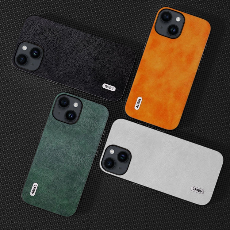 For iPhone 15 Plus ABEEL Dual Color Lichi Texture PU Phone Case(Orange) For iPhone 15 Plus ABEEL Dual Color Lichi Texture PU Phone Case(Orange)