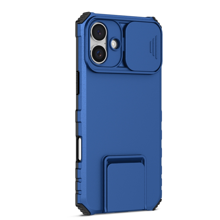 For iPhone 16 Plus Stereoscopic Holder Sliding Camshield Phone Case(Blue) For iPhone 16 Plus Stereoscopic Holder Sliding Camshield Phone Case(Blue)