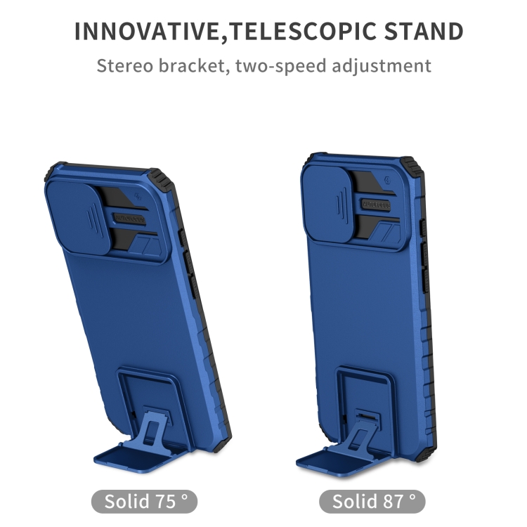 For iPhone 16 Plus Stereoscopic Holder Sliding Camshield Phone Case(Blue) For iPhone 16 Plus Stereoscopic Holder Sliding Camshield Phone Case(Blue)
