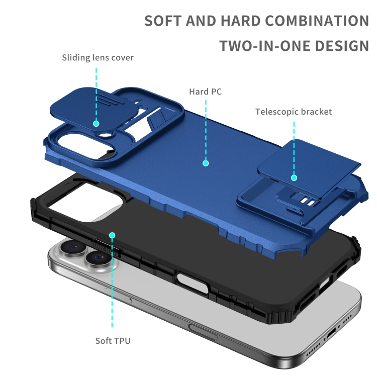 For iPhone 16 Plus Stereoscopic Holder Sliding Camshield Phone Case(Blue) For iPhone 16 Plus Stereoscopic Holder Sliding Camshield Phone Case(Blue)