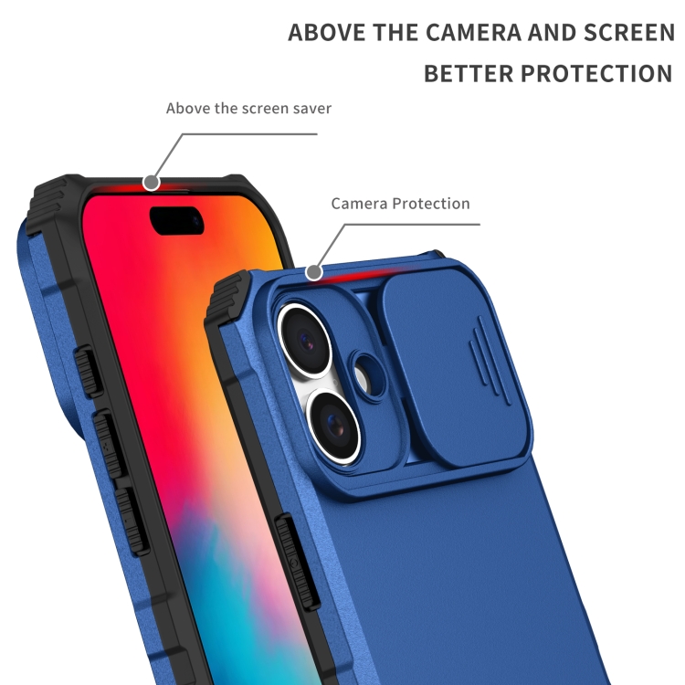 For iPhone 16 Plus Stereoscopic Holder Sliding Camshield Phone Case(Blue) For iPhone 16 Plus Stereoscopic Holder Sliding Camshield Phone Case(Blue)