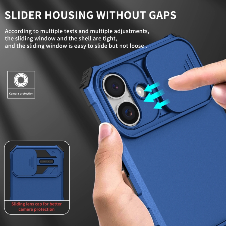 For iPhone 16 Plus Stereoscopic Holder Sliding Camshield Phone Case(Blue) For iPhone 16 Plus Stereoscopic Holder Sliding Camshield Phone Case(Blue)