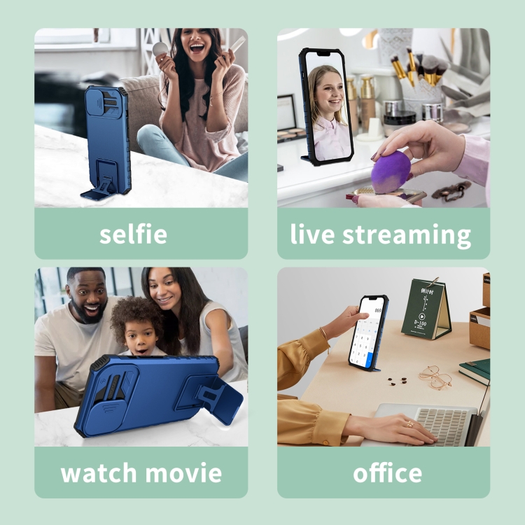 For iPhone 16 Plus Stereoscopic Holder Sliding Camshield Phone Case(Blue) For iPhone 16 Plus Stereoscopic Holder Sliding Camshield Phone Case(Blue)