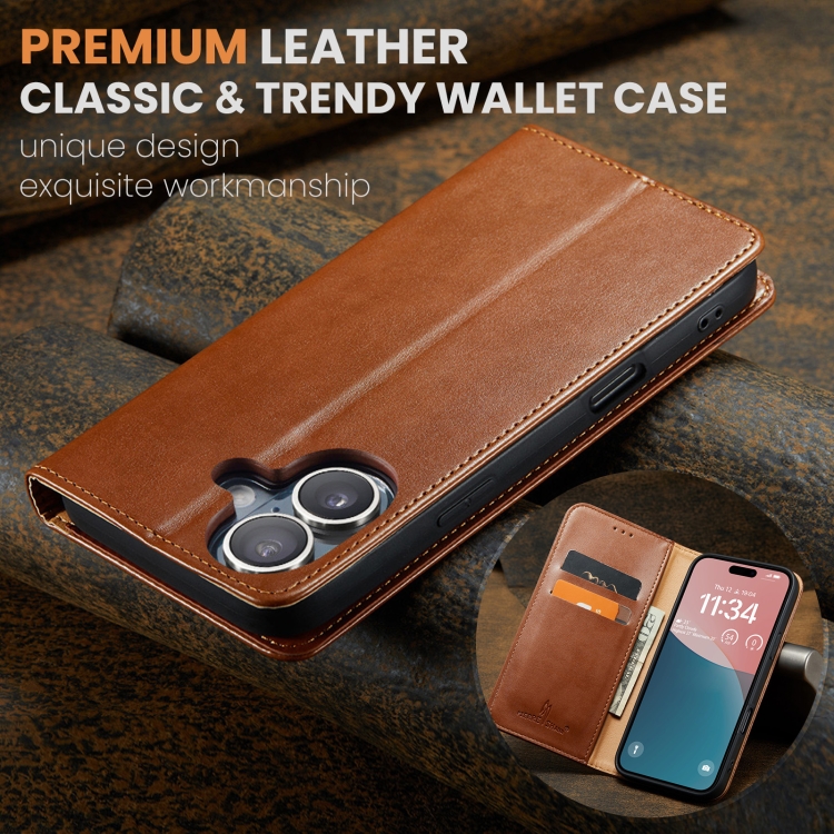 For iPhone 16 Fierre Shann PU Genuine Leather Texture Phone Case(Brown)