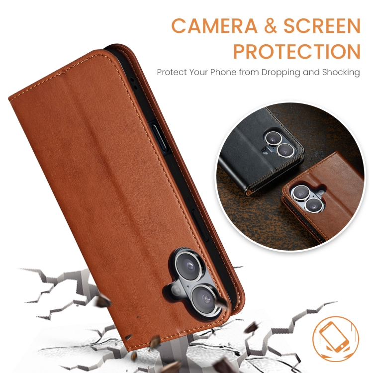For iPhone 16 Fierre Shann PU Genuine Leather Texture Phone Case(Brown)