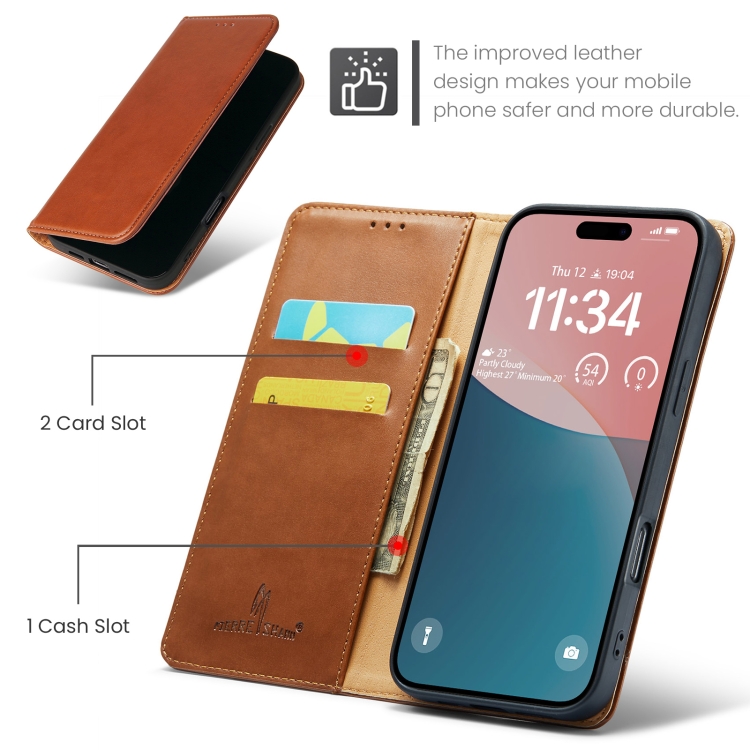 For iPhone 16 Fierre Shann PU Genuine Leather Texture Phone Case(Brown)