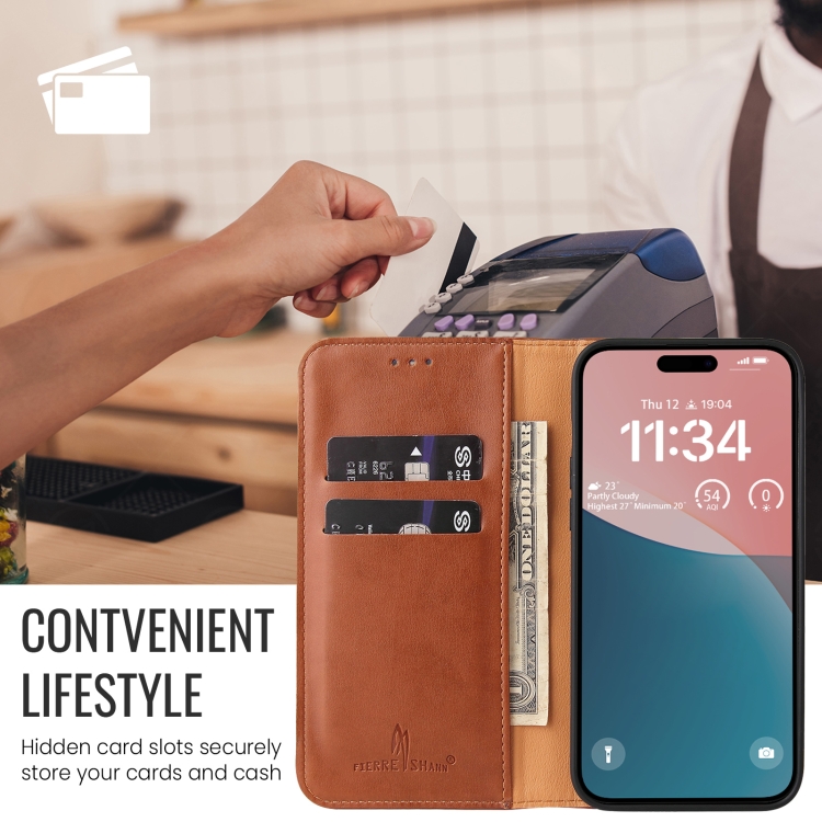 For iPhone 16 Fierre Shann PU Genuine Leather Texture Phone Case(Brown)