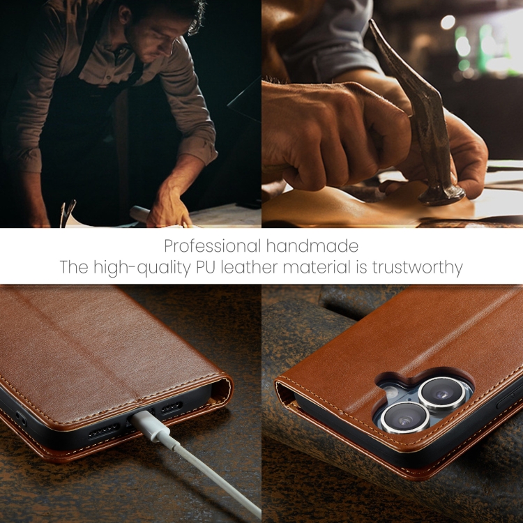For iPhone 16 Fierre Shann PU Genuine Leather Texture Phone Case(Brown)