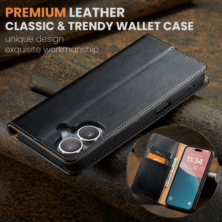 For iPhone 16 Plus Fierre Shann PU Genuine Leather Texture Phone Case(Black) For iPhone 16 Plus Fierre Shann PU Genuine Leather Texture Phone Case(Black)