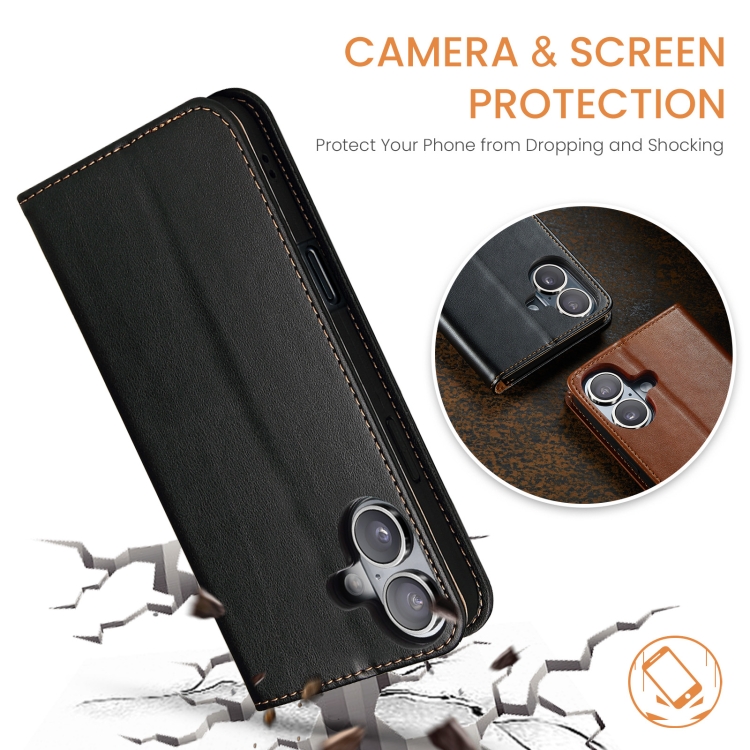 For iPhone 16 Plus Fierre Shann PU Genuine Leather Texture Phone Case(Black) For iPhone 16 Plus Fierre Shann PU Genuine Leather Texture Phone Case(Black)