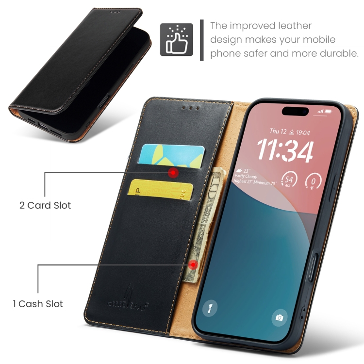 For iPhone 16 Plus Fierre Shann PU Genuine Leather Texture Phone Case(Black) For iPhone 16 Plus Fierre Shann PU Genuine Leather Texture Phone Case(Black)
