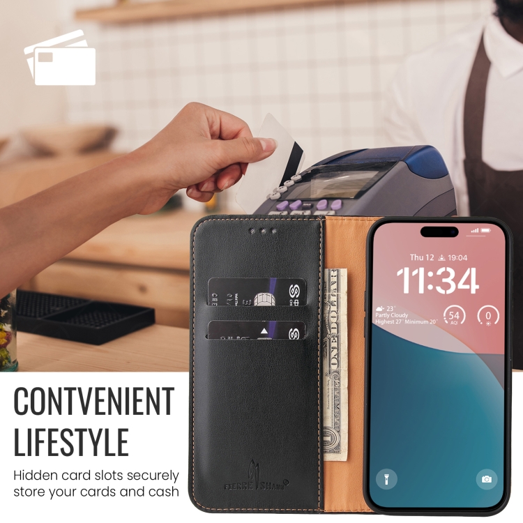 For iPhone 16 Plus Fierre Shann PU Genuine Leather Texture Phone Case(Black) For iPhone 16 Plus Fierre Shann PU Genuine Leather Texture Phone Case(Black)