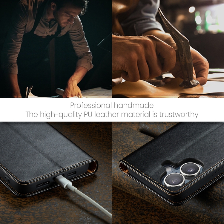 For iPhone 16 Plus Fierre Shann PU Genuine Leather Texture Phone Case(Black) For iPhone 16 Plus Fierre Shann PU Genuine Leather Texture Phone Case(Black)