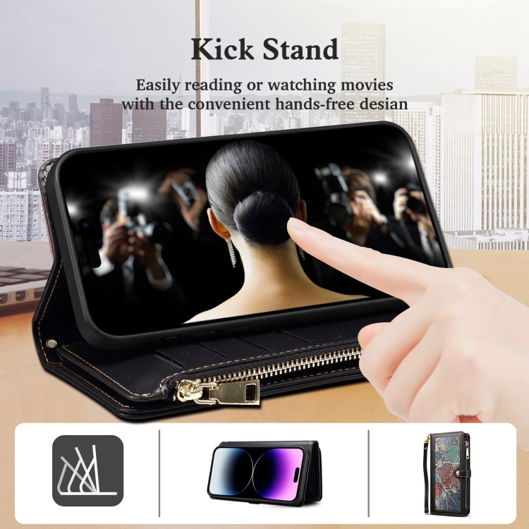 For iPhone 16 Plus ESEBLE Star Series Lanyard Zipper Wallet RFID Leather Case(Black) For iPhone 16 Plus ESEBLE Star Series Lanyard Zipper Wallet RFID Leather Case(Black)