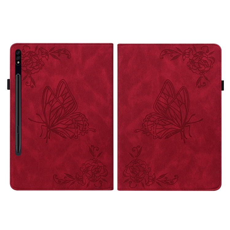 Para Samsung Galaxy Tab S9+ Estuche para tableta de cuero con estampado de flores de mariposa (rojo) - 1