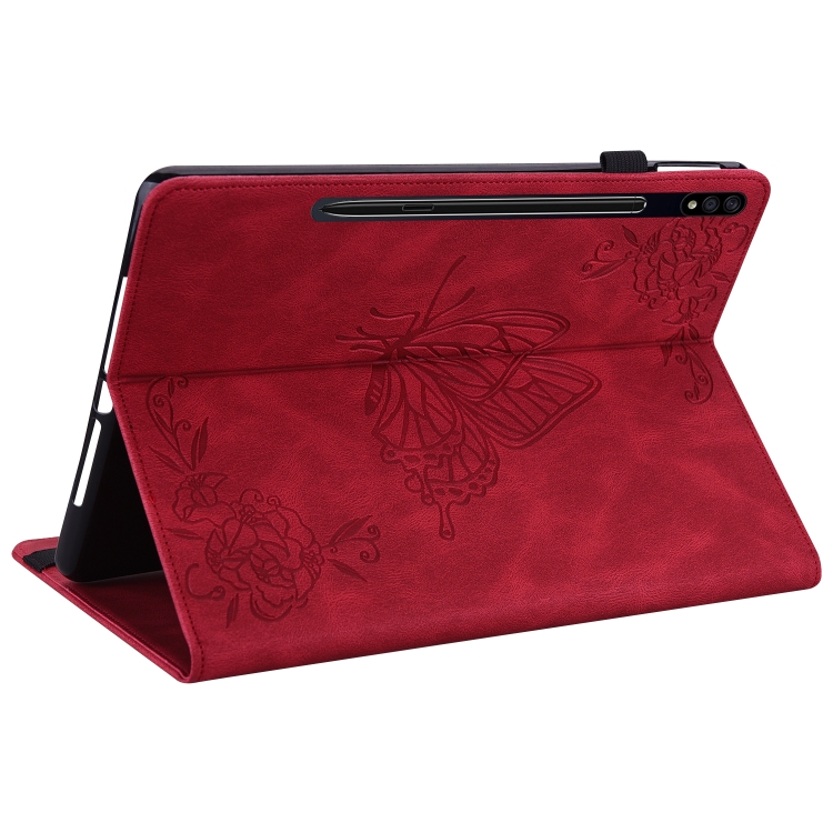 Para Samsung Galaxy Tab S9+ Estuche para tableta de cuero con estampado de flores de mariposa (rojo) - 4