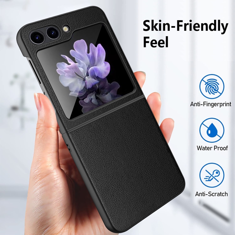 For Samsung Galaxy Z Flip5 Anti-slip Strip Ultra-thin Folding Litchi Texture PC Phone Case(Black) For Samsung Galaxy Z Flip5 Anti-slip Strip Ultra-thin Folding Litchi Texture PC Phone Case(Black)