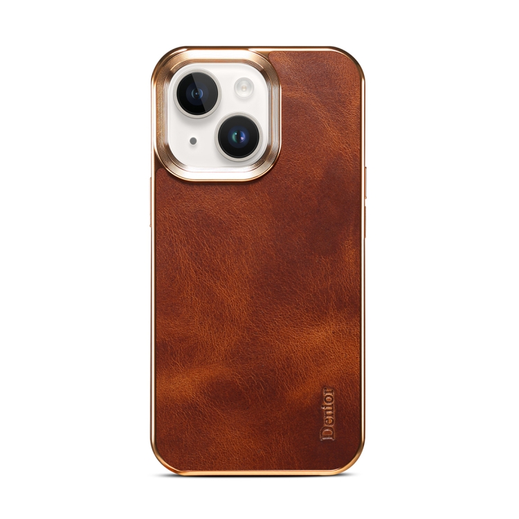 For iPhone 14 Plus Denior Oil Wax Cowhide Plating Phone Case(Brown) For iPhone 14 Plus Denior Oil Wax Cowhide Plating Phone Case(Brown)