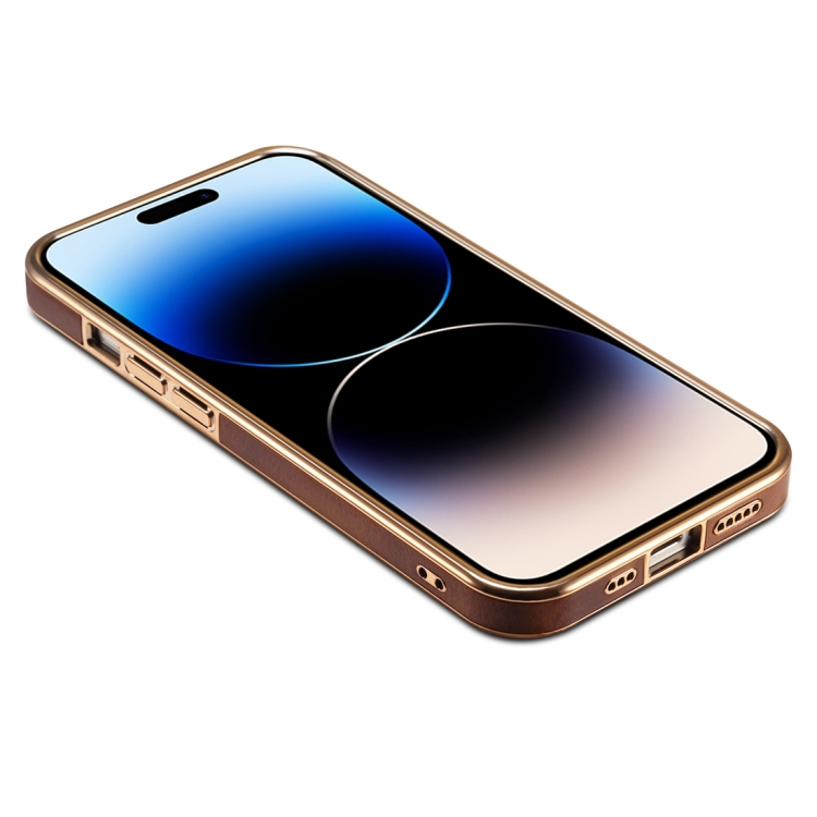 For iPhone 14 Plus Denior Oil Wax Cowhide Plating Phone Case(Brown) For iPhone 14 Plus Denior Oil Wax Cowhide Plating Phone Case(Brown)