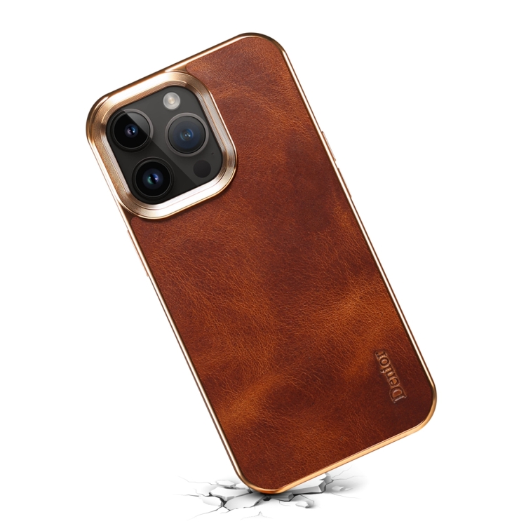For iPhone 14 Plus Denior Oil Wax Cowhide Plating Phone Case(Brown) For iPhone 14 Plus Denior Oil Wax Cowhide Plating Phone Case(Brown)