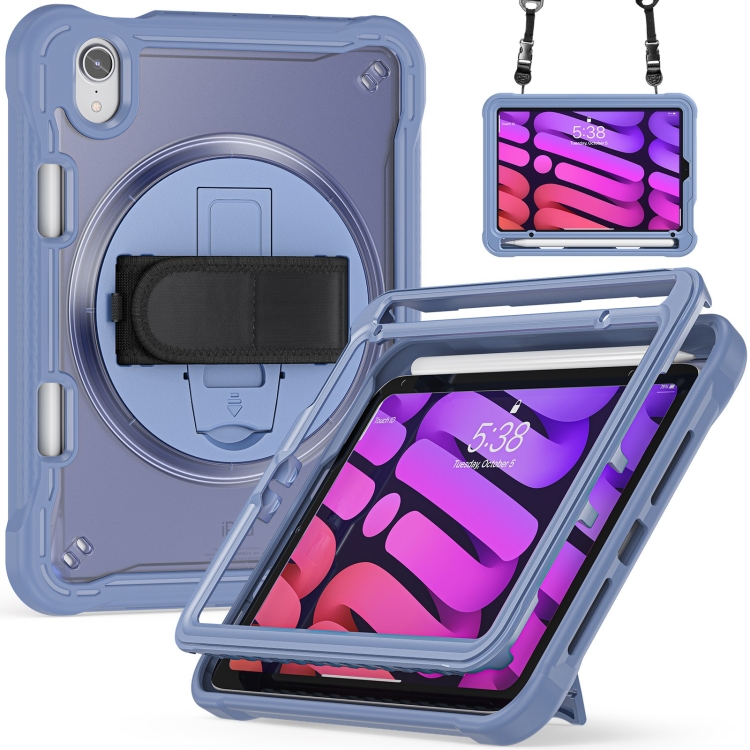 For iPad mini 6 / mini 2024 Heavy Duty Hybrid Tablet Case with Hand Grip & Strap(Lavender Grey)