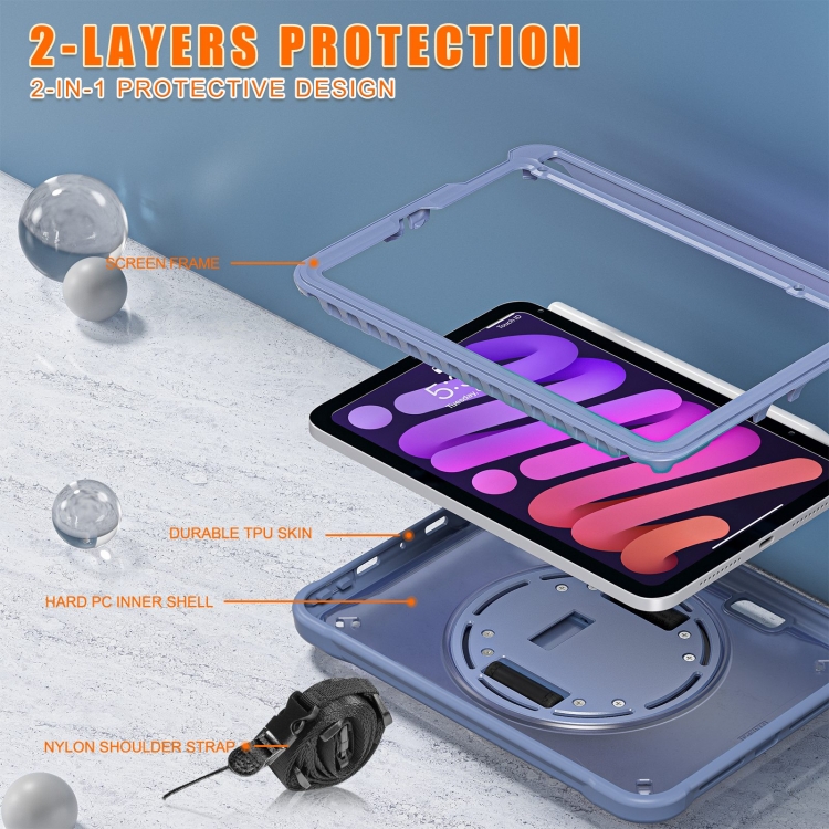 For iPad mini 6 / mini 2024 Heavy Duty Hybrid Tablet Case with Hand Grip & Strap(Lavender Grey)