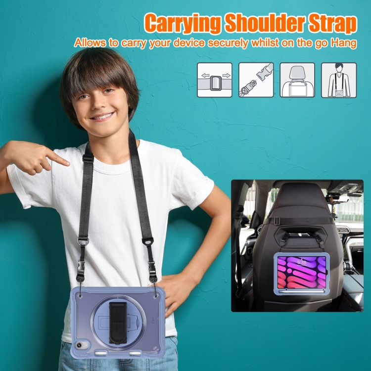 For iPad mini 6 / mini 2024 Heavy Duty Hybrid Tablet Case with Hand Grip & Strap(Lavender Grey)