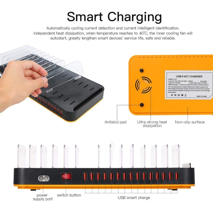 WLX-815P 180W 15 Ports USB Fast Charging Dock Smart Charger with Holder, AU Plug WLX-815P 180W 15 Ports USB Fast Charging Dock Smart Charger with Holder, AU Plug