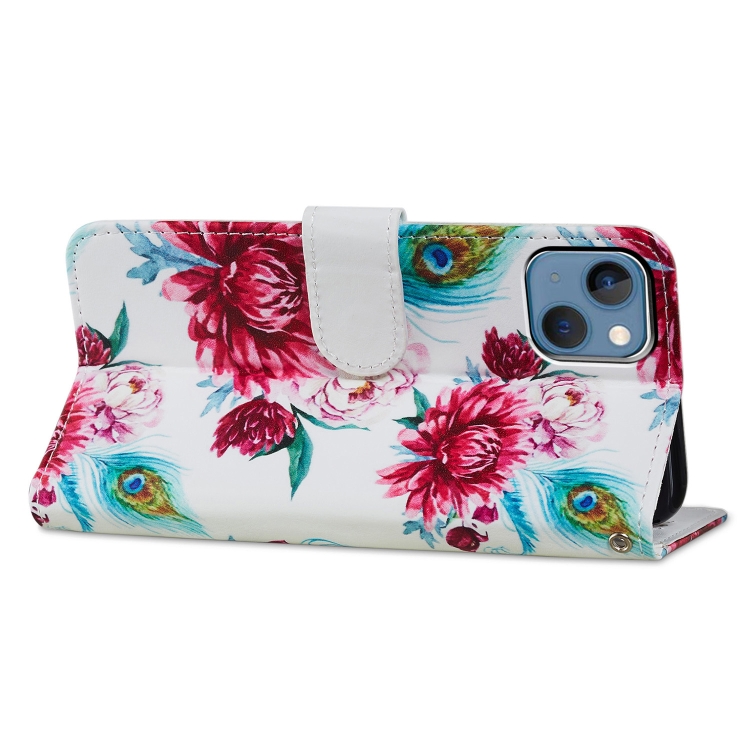 For iPhone 15 Plus Colored Drawing Leather Phone Case(Peacock Flower) For iPhone 15 Plus Colored Drawing Leather Phone Case(Peacock Flower)