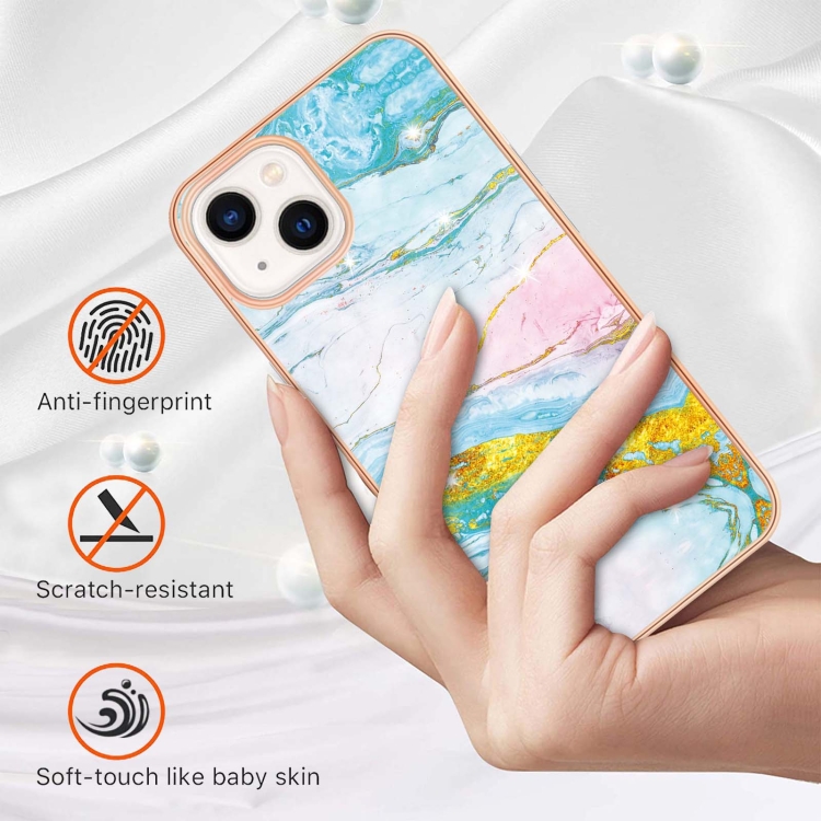 Electroplating Marble Pattern Dual-side IMD TPU Shockproof Phone Case For iPhone 15(Green 004) Electroplating Marble Pattern Dual-side IMD TPU Shockproof Phone Case For iPhone 15(Green 004)
