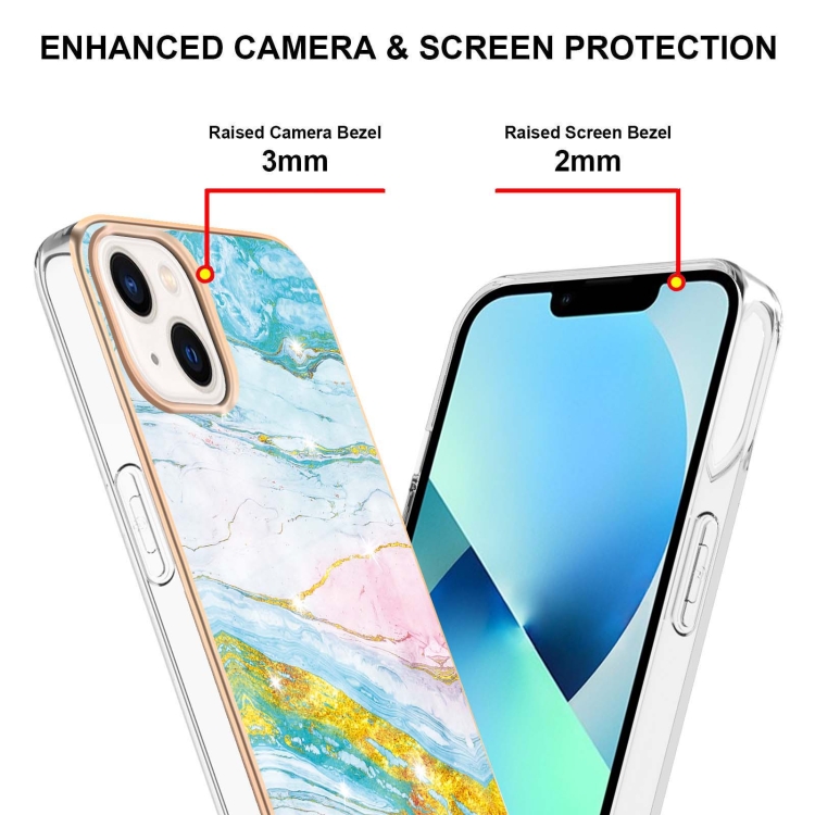 Electroplating Marble Pattern Dual-side IMD TPU Shockproof Phone Case For iPhone 15(Green 004) Electroplating Marble Pattern Dual-side IMD TPU Shockproof Phone Case For iPhone 15(Green 004)