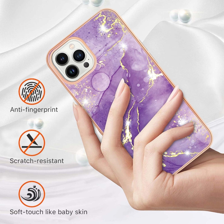 Electroplating Marble Pattern Dual-side IMD TPU Shockproof Phone Case For iPhone 15 Pro(Purple 002)