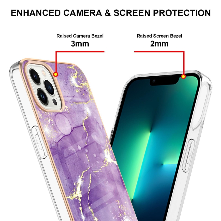 Electroplating Marble Pattern Dual-side IMD TPU Shockproof Phone Case For iPhone 15 Pro(Purple 002)