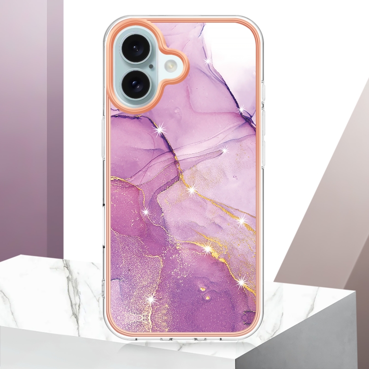 For iPhone 16 Plus Electroplating Marble Pattern Dual-side IMD TPU Shockproof Phone Case (Purple 001) For iPhone 16 Plus Electroplating Marble Pattern Dual-side IMD TPU Shockproof Phone Case (Purple 001)
