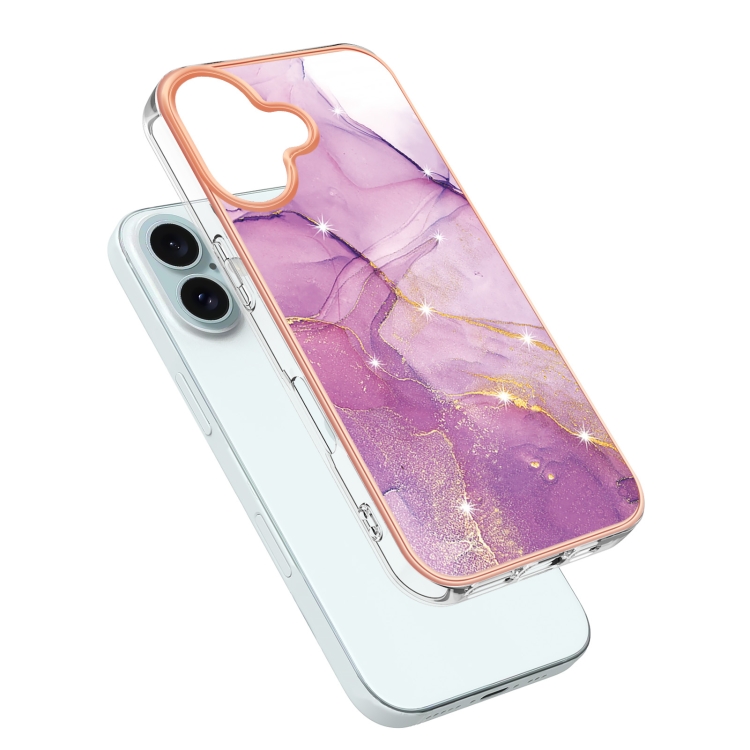 For iPhone 16 Plus Electroplating Marble Pattern Dual-side IMD TPU Shockproof Phone Case (Purple 001) For iPhone 16 Plus Electroplating Marble Pattern Dual-side IMD TPU Shockproof Phone Case (Purple 001)