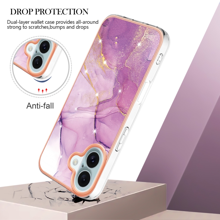 For iPhone 16 Plus Electroplating Marble Pattern Dual-side IMD TPU Shockproof Phone Case (Purple 001) For iPhone 16 Plus Electroplating Marble Pattern Dual-side IMD TPU Shockproof Phone Case (Purple 001)