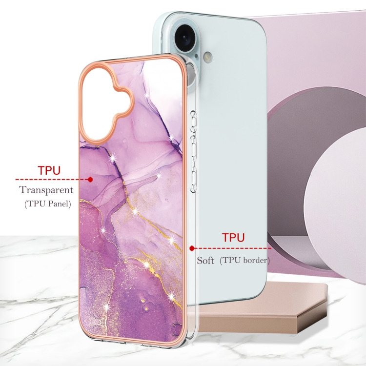For iPhone 16 Plus Electroplating Marble Pattern Dual-side IMD TPU Shockproof Phone Case (Purple 001) For iPhone 16 Plus Electroplating Marble Pattern Dual-side IMD TPU Shockproof Phone Case (Purple 001)