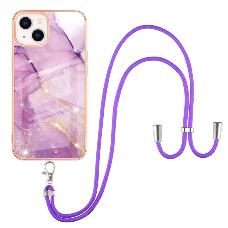 For iPhone 15 Plus Electroplating Marble Pattern IMD TPU Shockproof Case with Neck Lanyard(Purple 001)