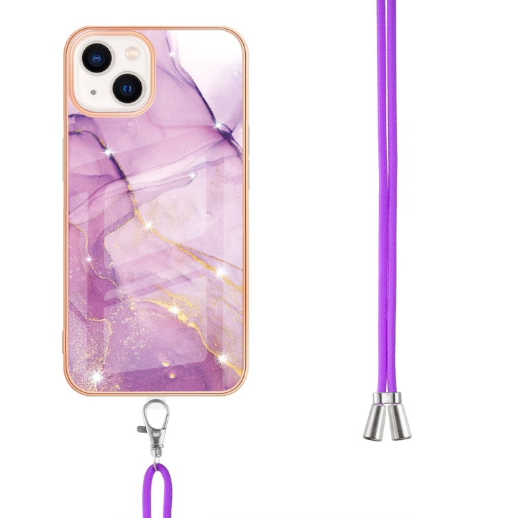 For iPhone 15 Plus Electroplating Marble Pattern IMD TPU Shockproof Case with Neck Lanyard(Purple 001)