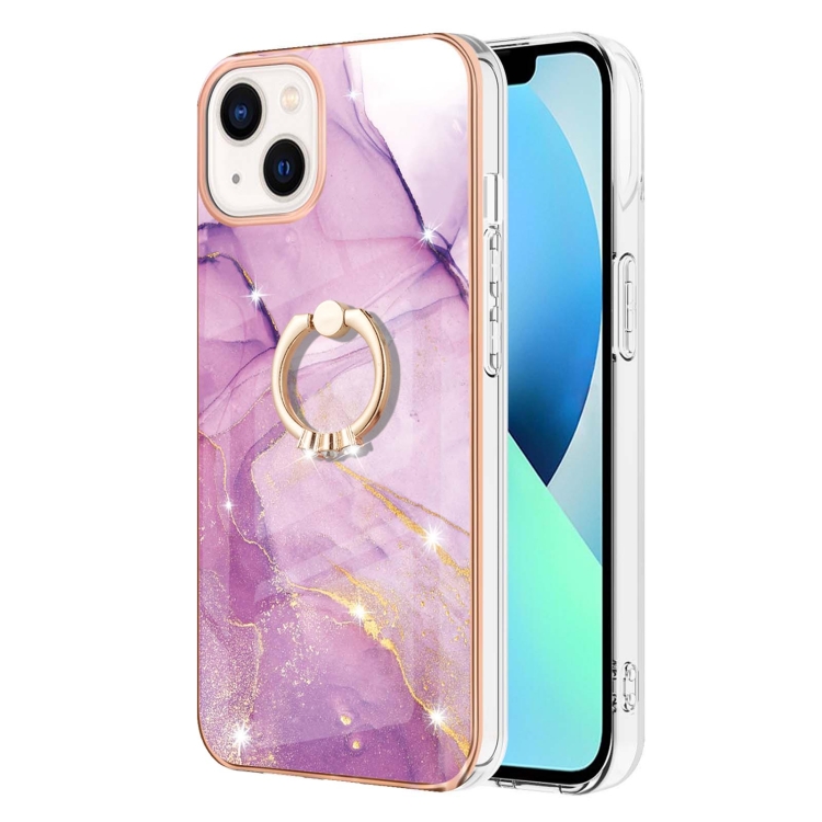 For iPhone 15 Electroplating Marble Pattern IMD TPU Shockproof Case with Ring Holder(Purple 001) For iPhone 15 Electroplating Marble Pattern IMD TPU Shockproof Case with Ring Holder(Purple 001)
